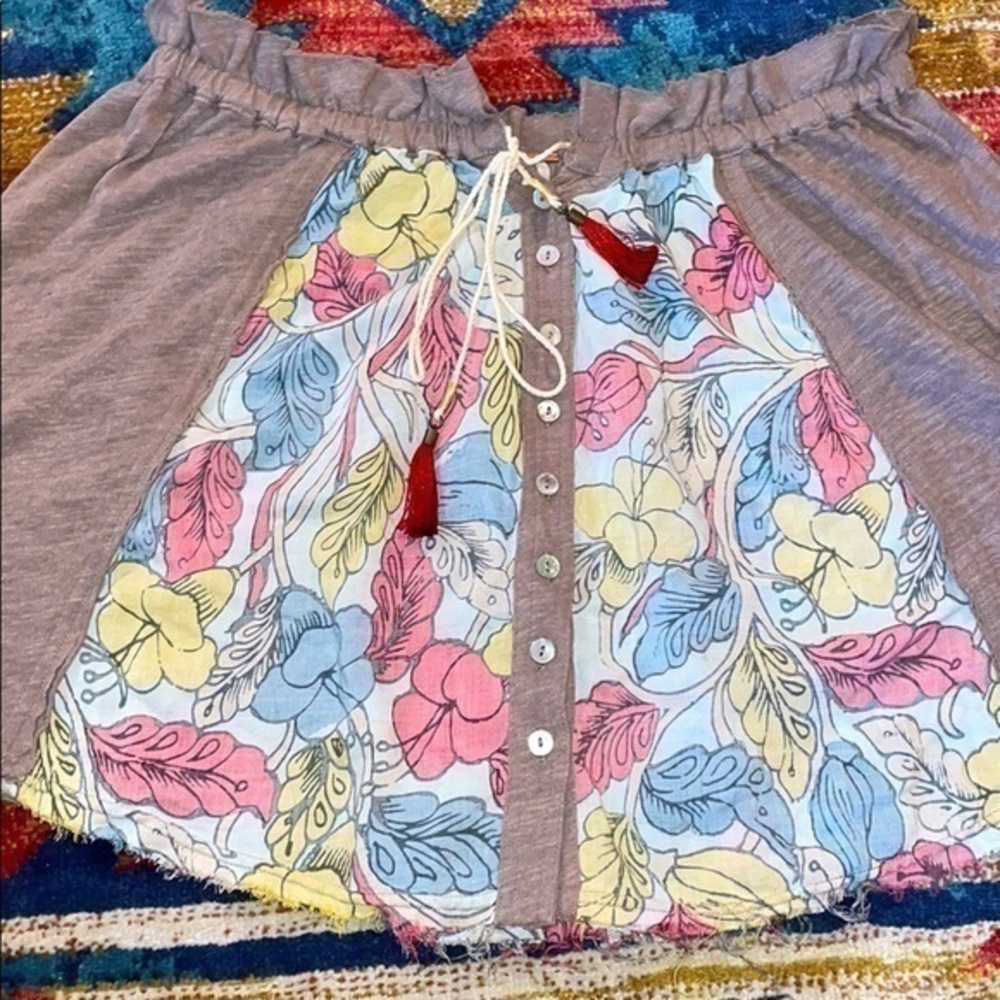 Free People Floral Boho Raw Hem Tassel Drawstring Paper Bag Waist Button Skirt